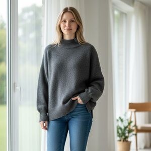 H&M Gray Mock Neck Sweater Womens M Oversized Dolman Sleeve Knit